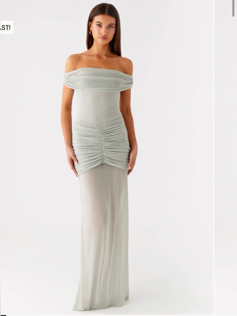 Peppermayo Off-Shoulder Ruched Sage Maxi Dress